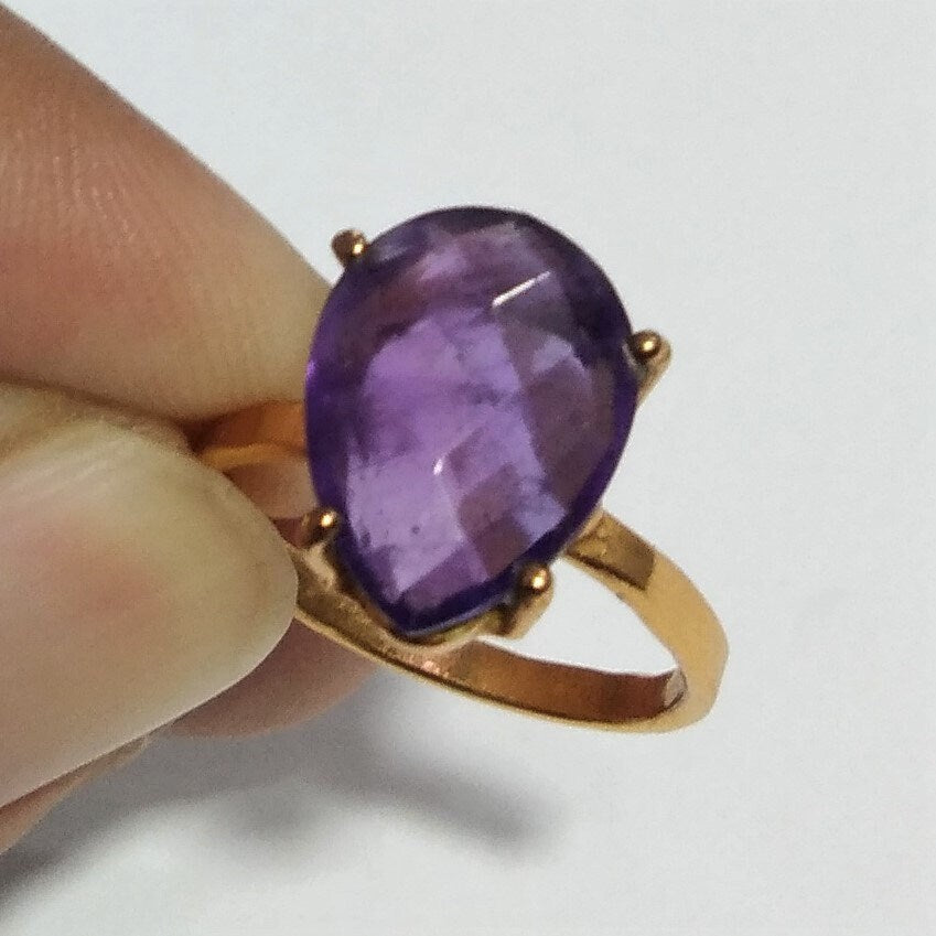 Natural Amethyst Gemstone Ring, 925 Solid Sterling 18k Gold Plated Silver Ring, Amethyst Stone Size 14x10 mm Handmade Gift Mother's day Ring